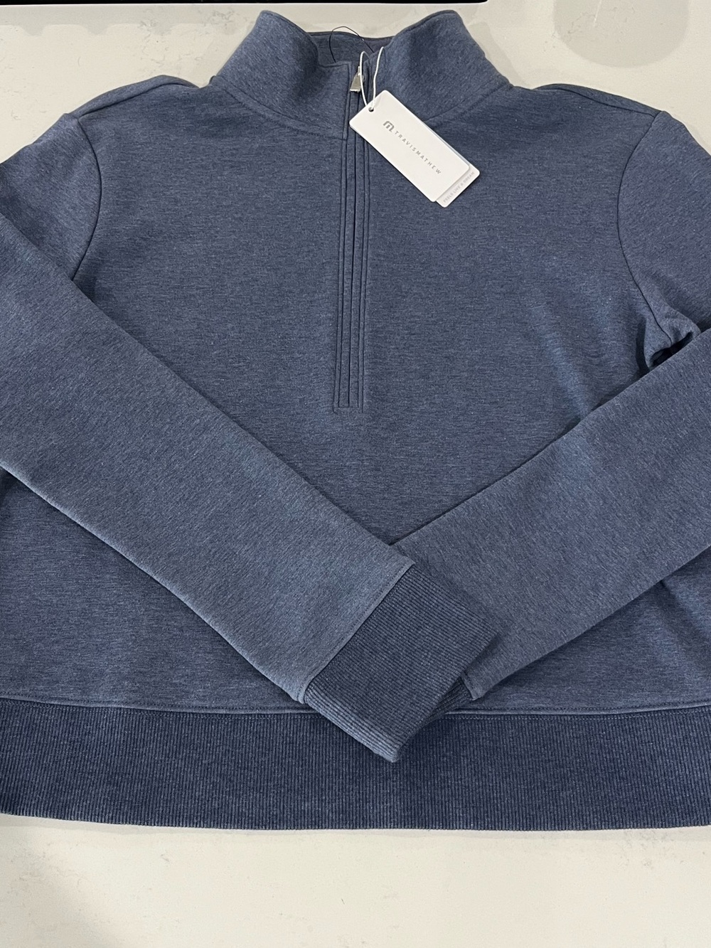 Travis Mathew Heather Navy Quarter-Zip Mock Neck Sweater